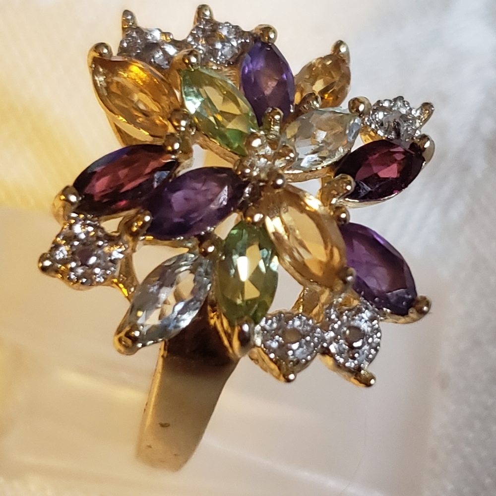 Authentic Gemstone Cluster ring 18K Gold over Sterling Silver size 5 - Picture 2 of 7
